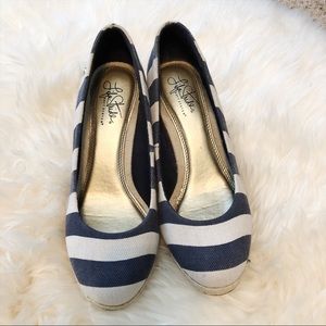 Navy and white striped twill wedges.